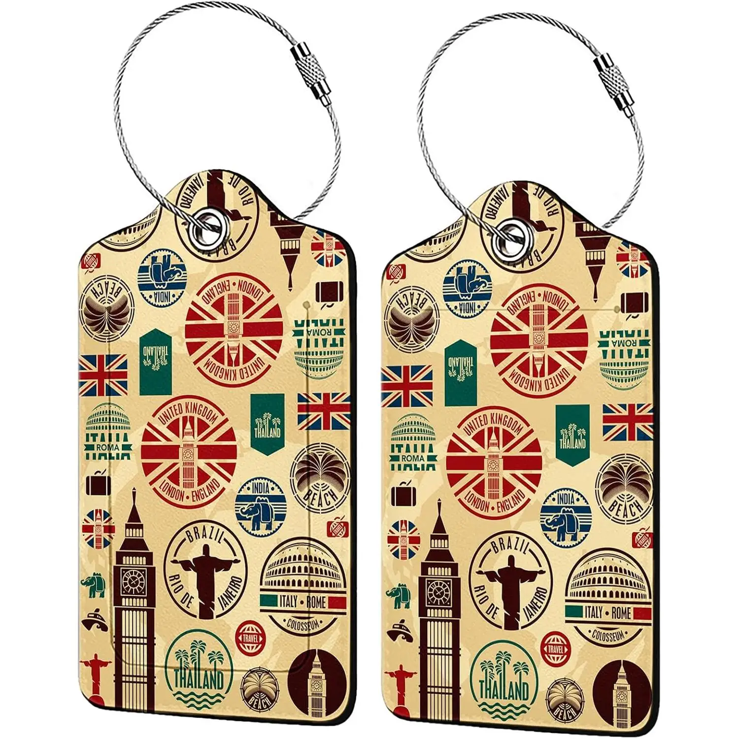 

Travel Icons 2 Pack Luggage Tag for Suitcase Cute Unique Leather Bag Tags Identifiers Privacy Cover ID Label with Steel Loop