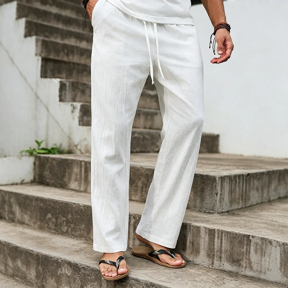 Baumwoll-Leinen-Freizeithose für Herren, bequem, leicht, einfarbig, im Urlaubsstil, einfache Hose, Jogginghose mit elastischem Bund