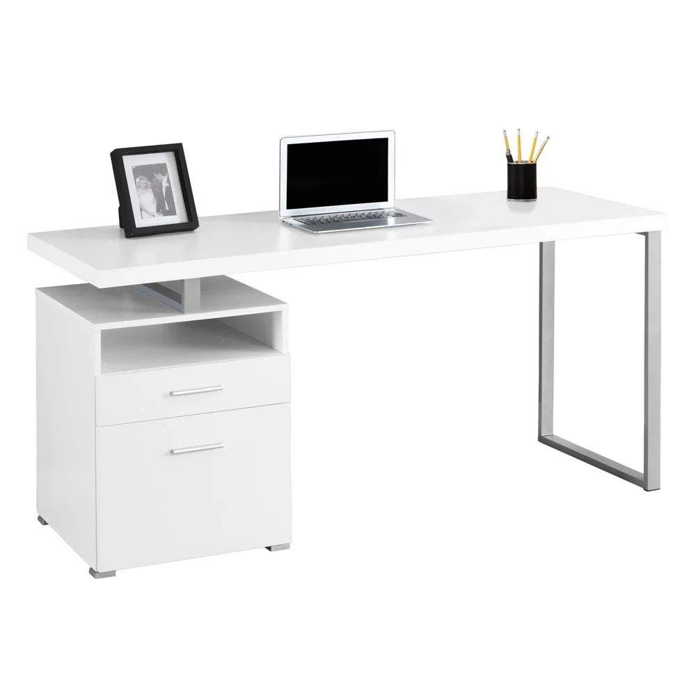 Compact Computer Desk with Storage Drawers Home Office 60 Inch White Laminate Workstation Sturdy Metal Frame