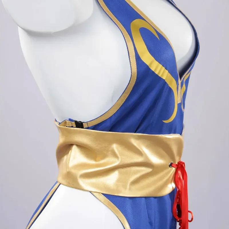 Game Chun Li Cosplay Costumes Battle Uniform Blue Cheongsam Sexy Outfits Belt Headgear Full Set Anime Carnival Party Dress Up