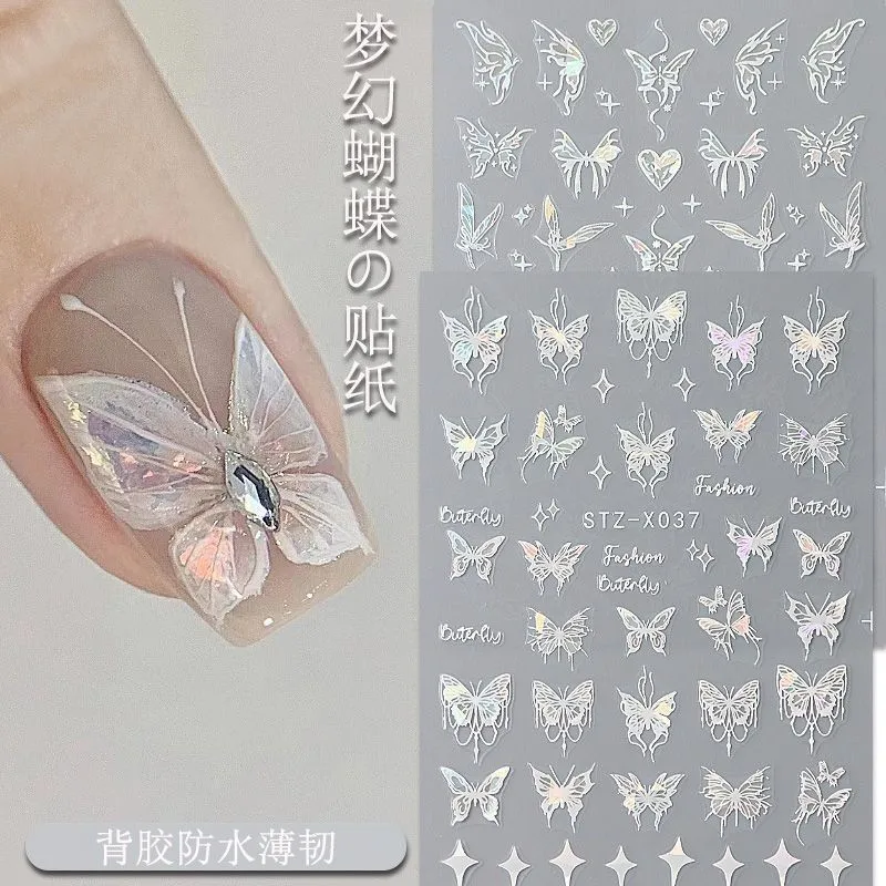 Hot Selling Holographic Butterfly Nail Art Stickers 1pcs Liquid Hollow Aurora Iridescent Self Adhesive Decals for Nail Decor