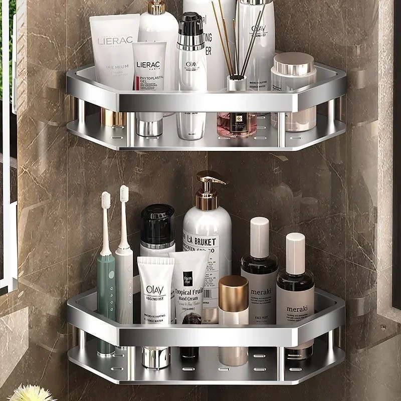 Punch-free Wall-mounted Bathroom Shelf, Corner Rack, Shampoo Storage, Aluminum Holder, Kitchen Organizer, Accessories