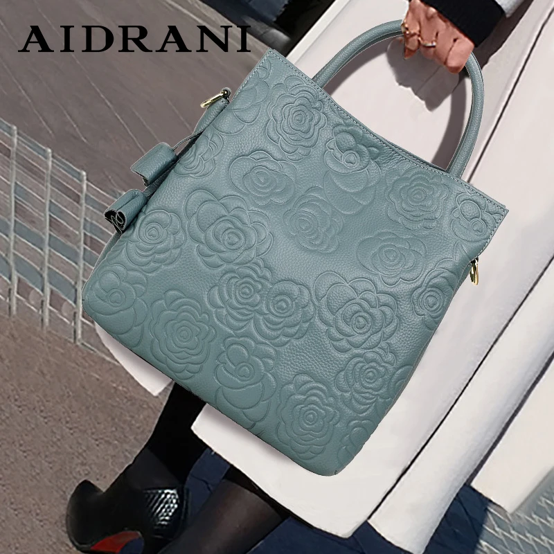 Aidrani New WOMEN\'S High-capacity Handbag with High-end Floral Embossed Top Layer Cowhide Bucket Bag