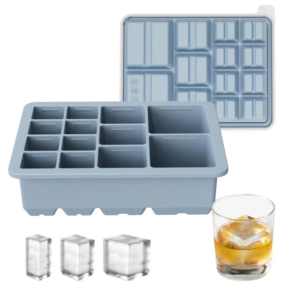 New Silicone Ice Cube Mold Leak Proof Lid 13 Grid Ice Making Mold Square Shape Multi-size Ice Storage Boxes Whiskey Drinks