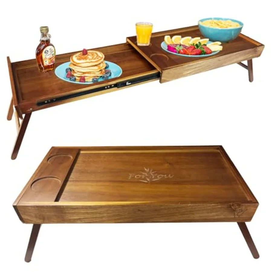

Breakfast Bed Table Tray for Two - One Pcs Dual Use Couple Bed Tray with Cup recesses - Food Trays for Eating on Couch Space Sa