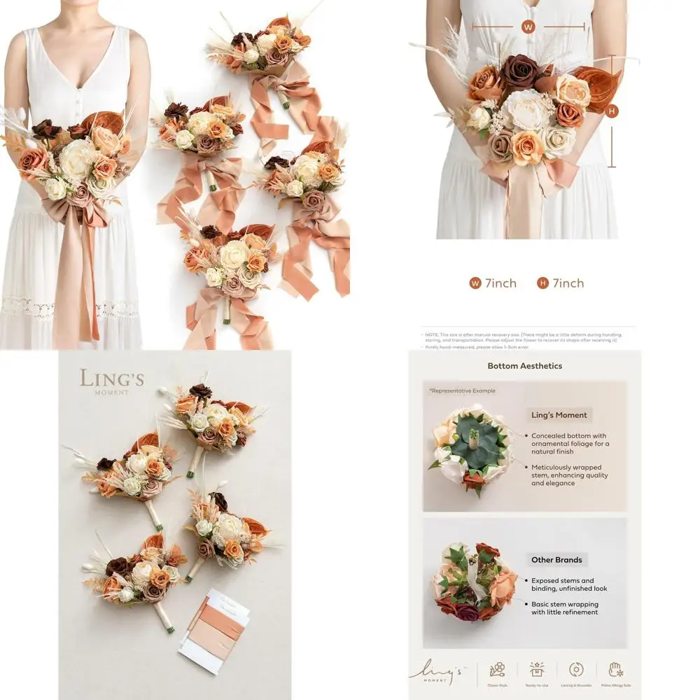 

Set of 4 Brown and Terracotta Artificial Bridesmaid Bouquets, Rustic Wedding Flowers with Ribbon, 7-inch Diameter for Ceremony a