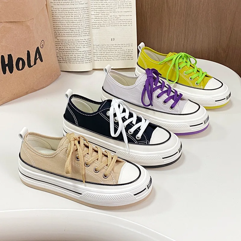 35-40 New Girls Students Thick Sole Canvas Shoes Low Top Women Green Sneakers Female Casual Shoes Soft Insole All Match