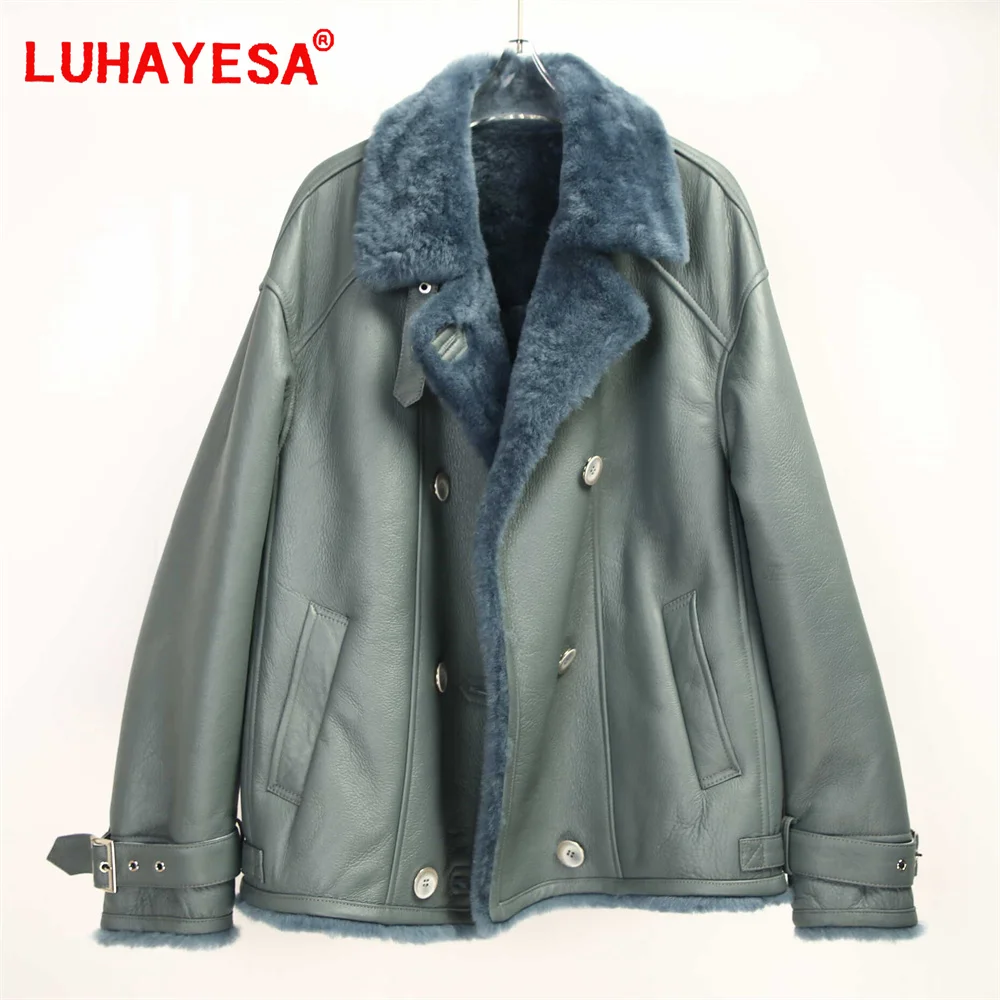 2024 Bazaar Lamb Fur Shearling Jacket Luhayesa Women Fashion Winter Warm Double Brested Casual Daily Real Fur Clothing