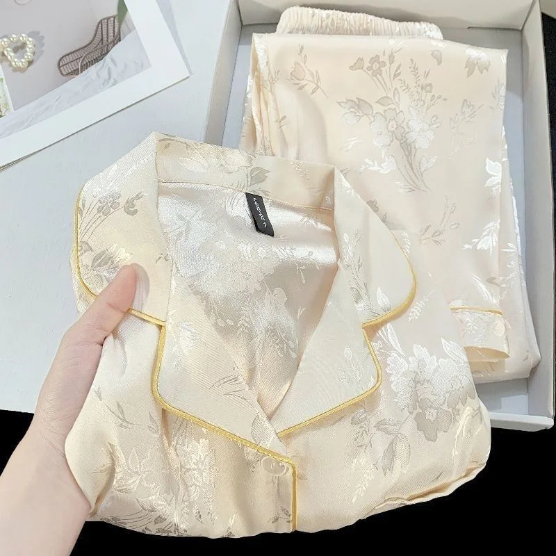 Luxury Ice Silk Two-Piece Set Women's High-End Jacquard Long-Sleeve Sleepwear Comfortable Chinese-Style Homewear Versatile