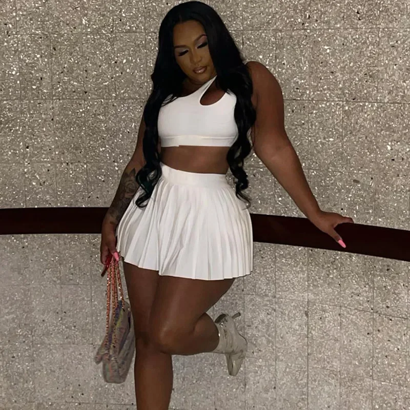 

Sexy Party Club 2 Piece Sets Women Outfit Birthday Hollow Out Tank Crop Top and Pleated Mini Skirt Matching Sets Tracksuit