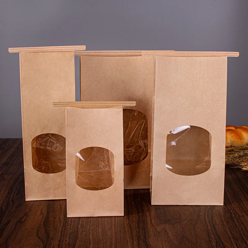 500Pcs/Lot Baking Paper Bag Pouches Kraft Back Bread Bags With Window Bakery with Window for Homemade Cookies Toast Packaging