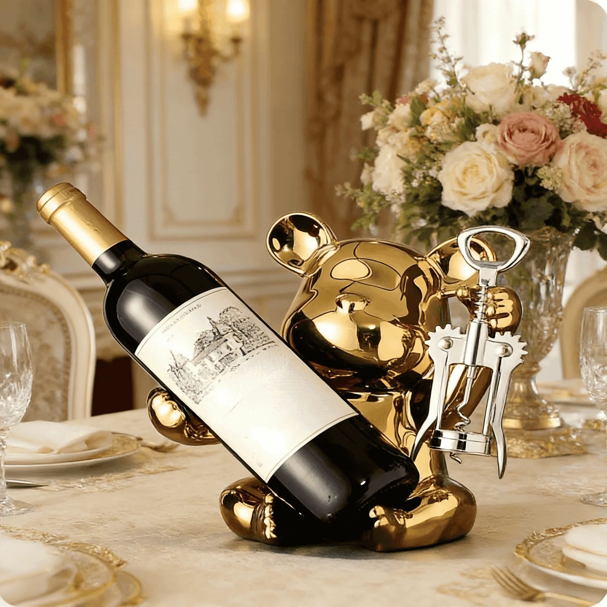 Electroplated Bear Ceramic Wine Rack with Bottle Opener, suitable for living room, bar and kitchen storage and organization.