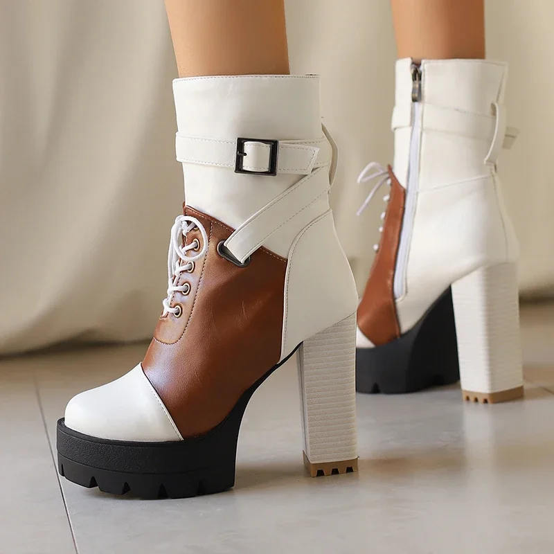 

Plus Size Ankle Metal Strap Buckle With Side Zipper Waterproof Platform Ultra-High Thick Heel Mixed Colors Women's Mid-Calf Boot