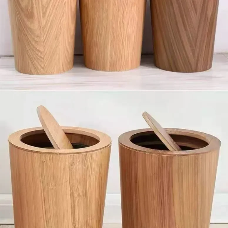9L Garbage Can with Lid Waste Bins Solid Wood Wastebasket Home Cleaning Tools Round Trash Can Swing Cover Office Storage Baskets