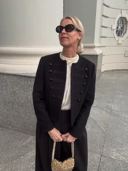 Chic Black Round Neck Napoleon Military Jacket Women Casual Full Sleeve Buttons Cropped Slim Coat 2026 Lady Daily Street Jackets 5