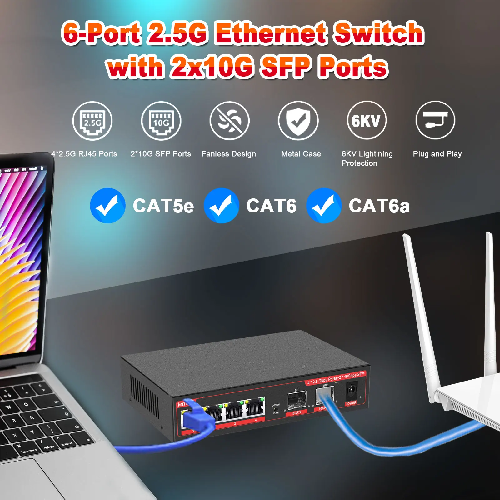 2.5 gbps Switch 4 Port 2.5G Gigabit Switch 10G SFP Ethernet Network Switch for IP Camera/Wireless AP /CCTV Camera System