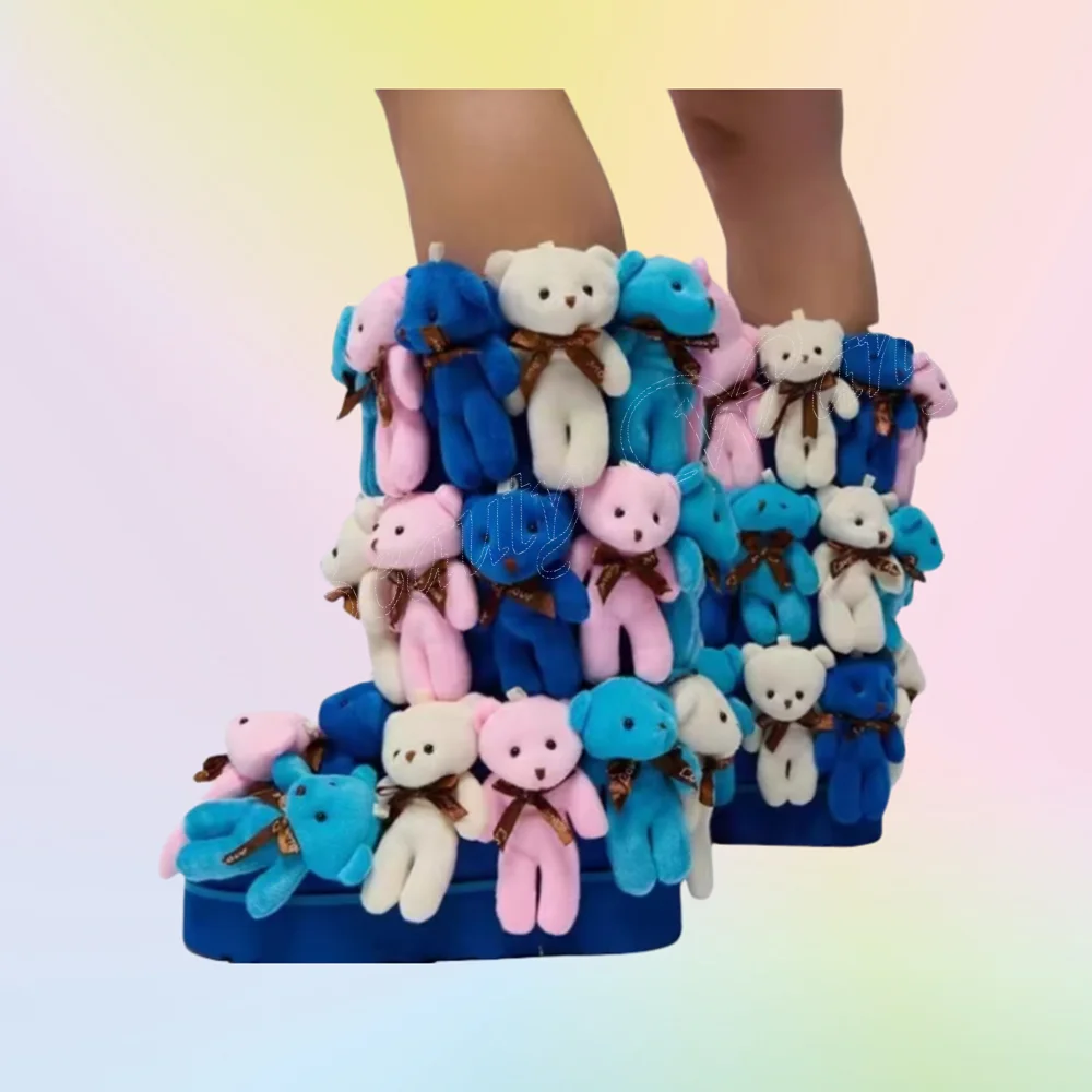 Blue Multi Bear Decor Boots Mid Calf Round Toe Shoes for Women Over the Knee Thin High Heels Shoes 2024 Zapatos Para Mujere