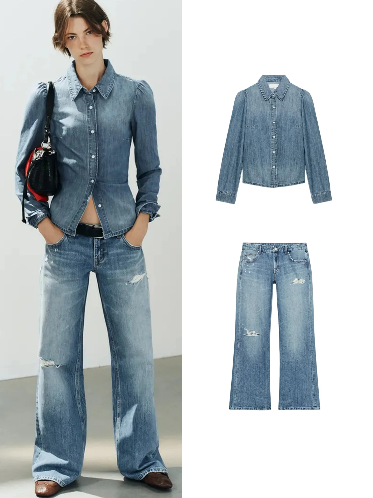 Low Waist Ripped Denim Shirt And Pants Set Long Sleeve Collared Fold Shoulder Design Fashionable Women's Autumn Outfit Polyes...