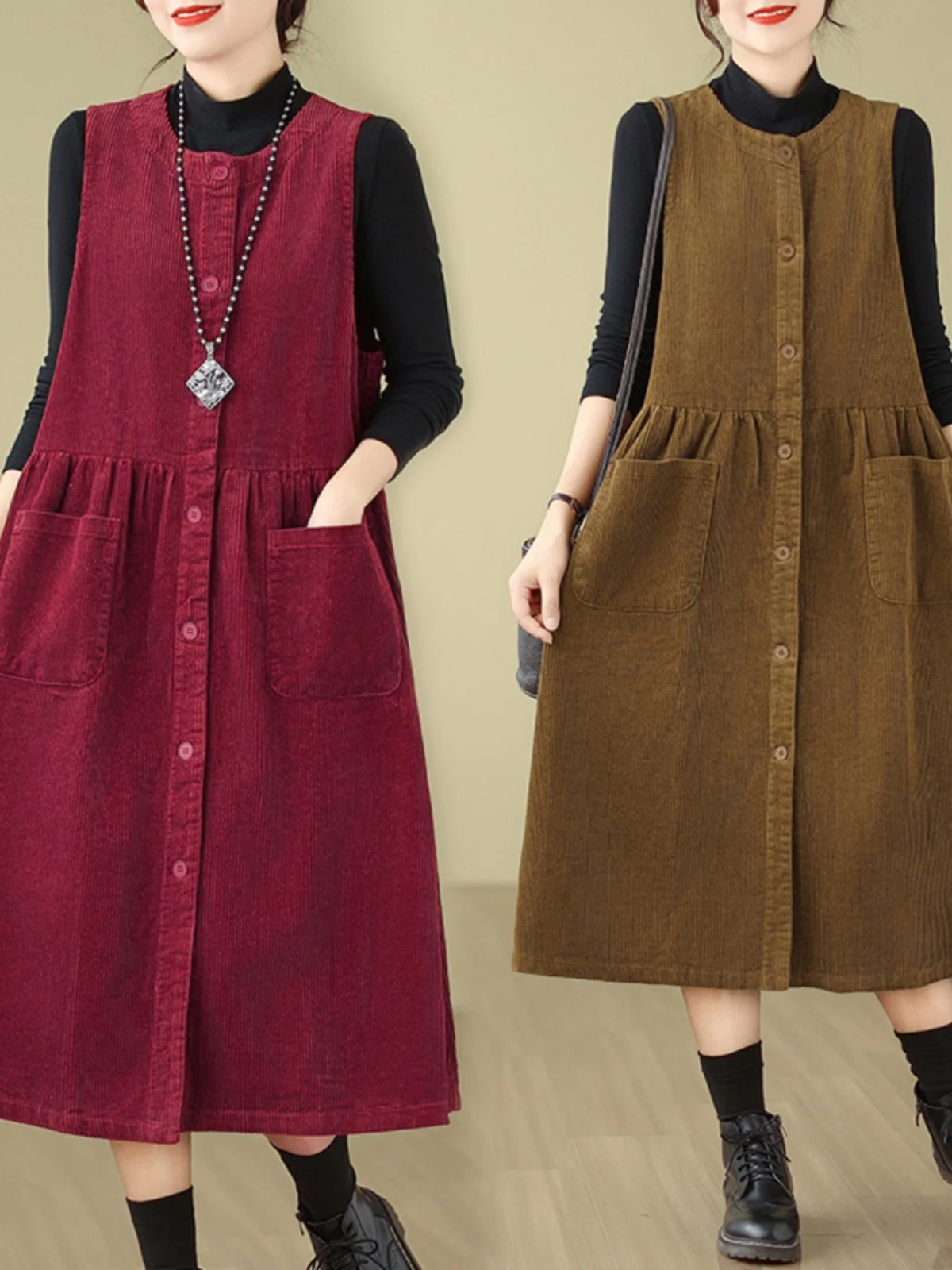 

Autumn Winter Cotton Corduroy Vest Dr Women's Large ket Slimming Artistic Sle Midi Length Dr Commute Friendly roun...