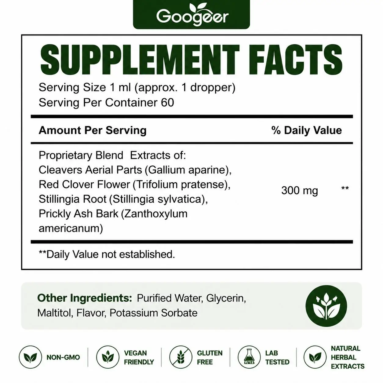 Googeer Lymphatic Drainage Herbal Drops with Uncaria Rhynchophylla and Red Clover, 60 Ml Bottle, 1 Ml Daily Use for Adults