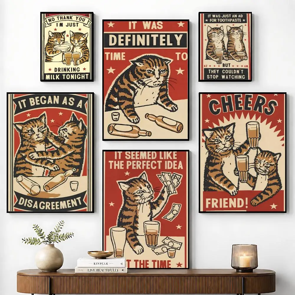 Funny Cheers Drunk Cats Poster Perfect Sticker Self Adhesive for Office Home Theater Wall Art Decor Fancy Gift