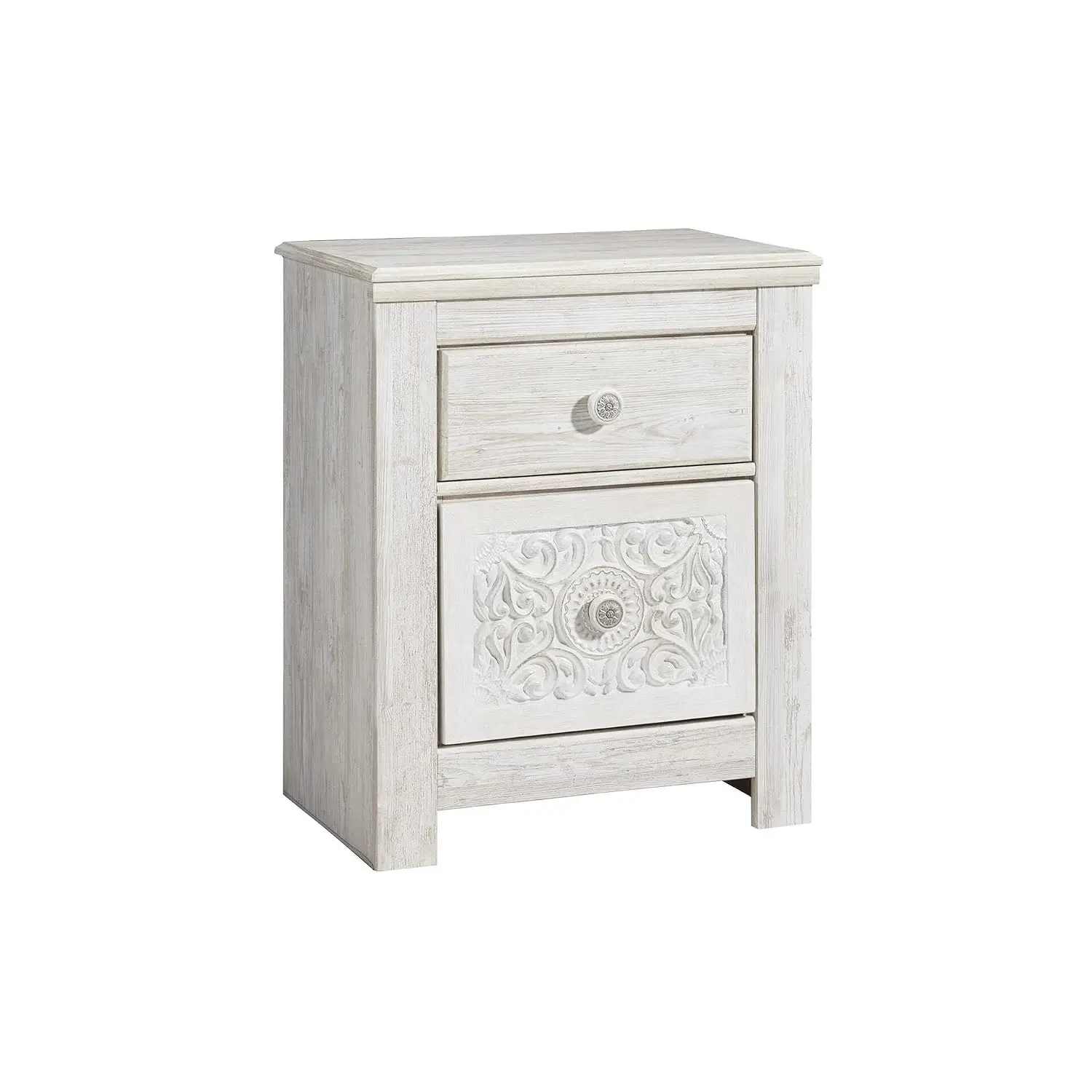 Boho Whitewash Nightstand with 2 Drawers & Rattan Details, Bedroom Storage Furniture, Customized