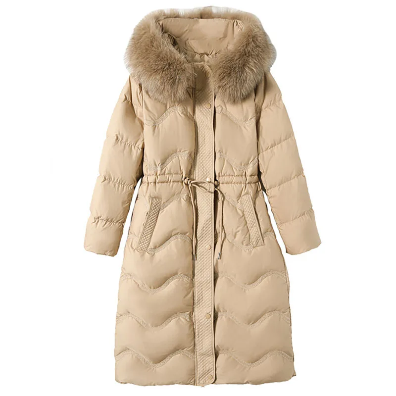 Hooded Down Coat for Women, Waist-Collar, Detachable Fox Fur Collar, Mid-length, Loose, Premium, Winter, New, 2024