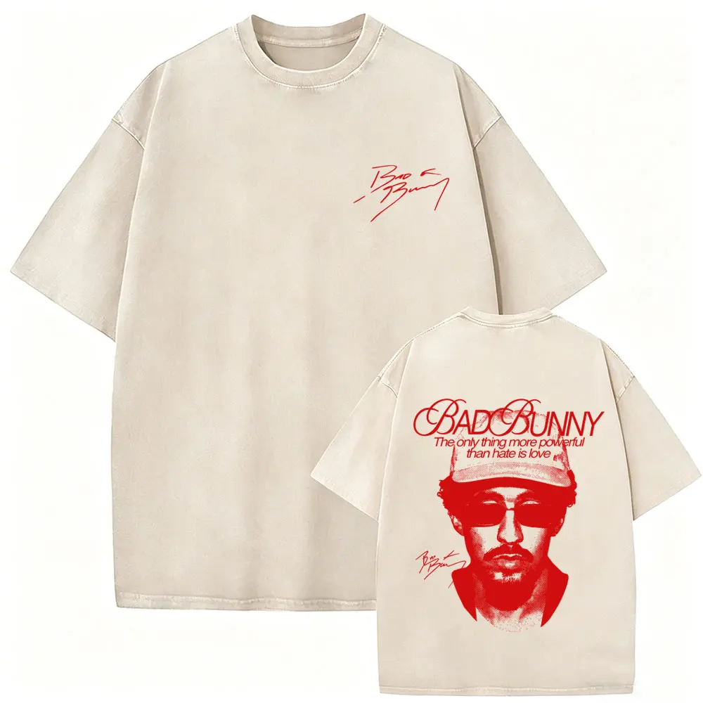 

Washed Vintage Rapper Bad Bunny Face Graphic T-shirt The Only Thing More Powerful Than Hate Is Love T Shirt Men Hip Hop T-shirts