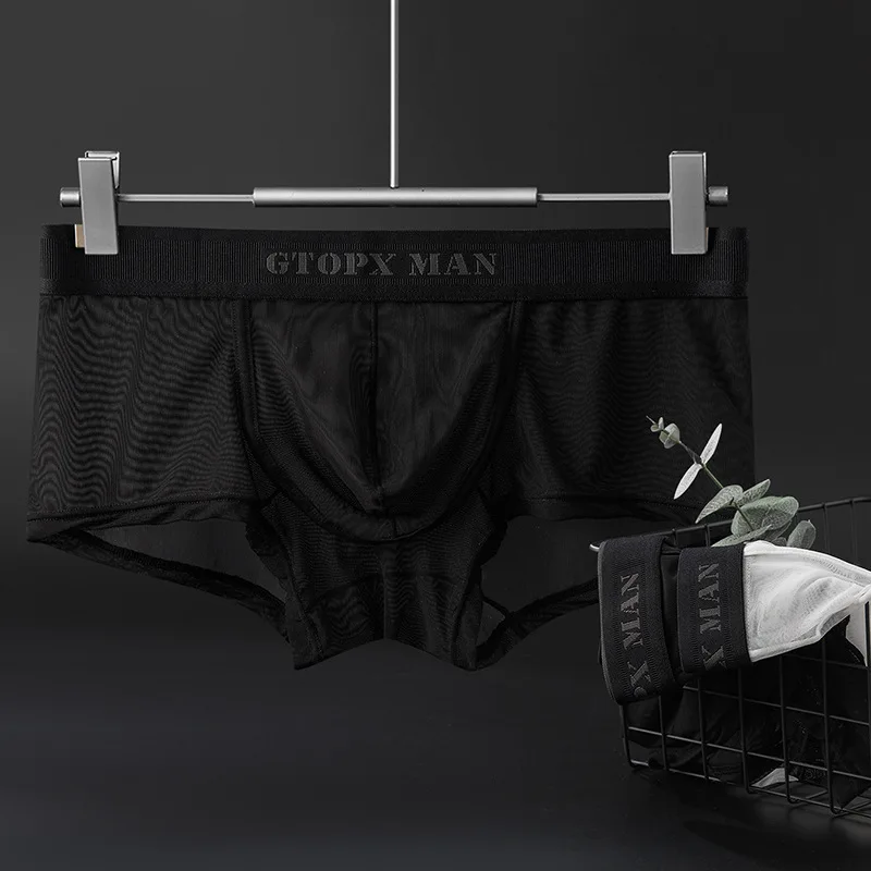 Мужское нижнее белье для геев, сексуальные прозрачные шорты-боксеры, прозрачные сетчатые U-образные выпуклые сетчатые трусики, черные, белые, Ropa Interior Transparente