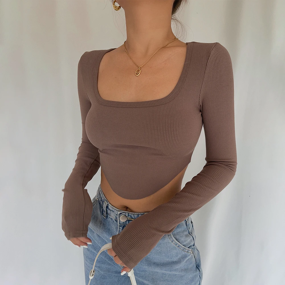 

MRMT 2024 Brand New Women's Frayed Curved Hem Tight-fitting Long Sleeve T-Shirt Basement Sexy Low-Cut Short Top