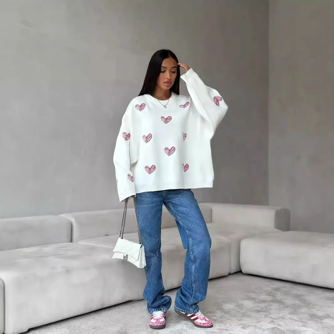 

Женский свитер большого размера с сердечным узором, свободный крой, вязаный пуловер, повседневная мода, осень-зима, с рукавами, несколько цветов, модный