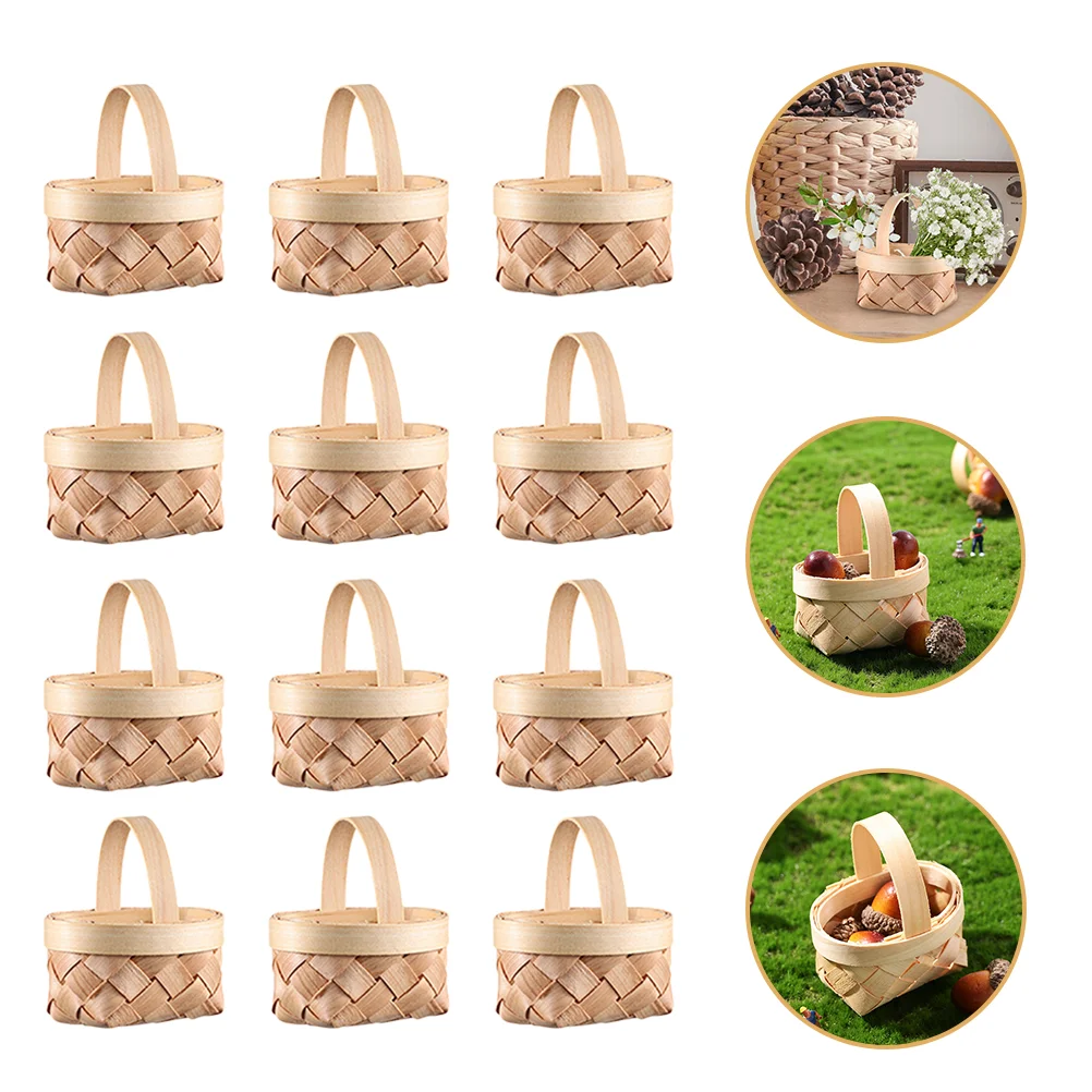 12 Uds. Cesta de virutas de madera, Mini cesta de fruta tejida para niña con flores de Pascua, compras pequeñas