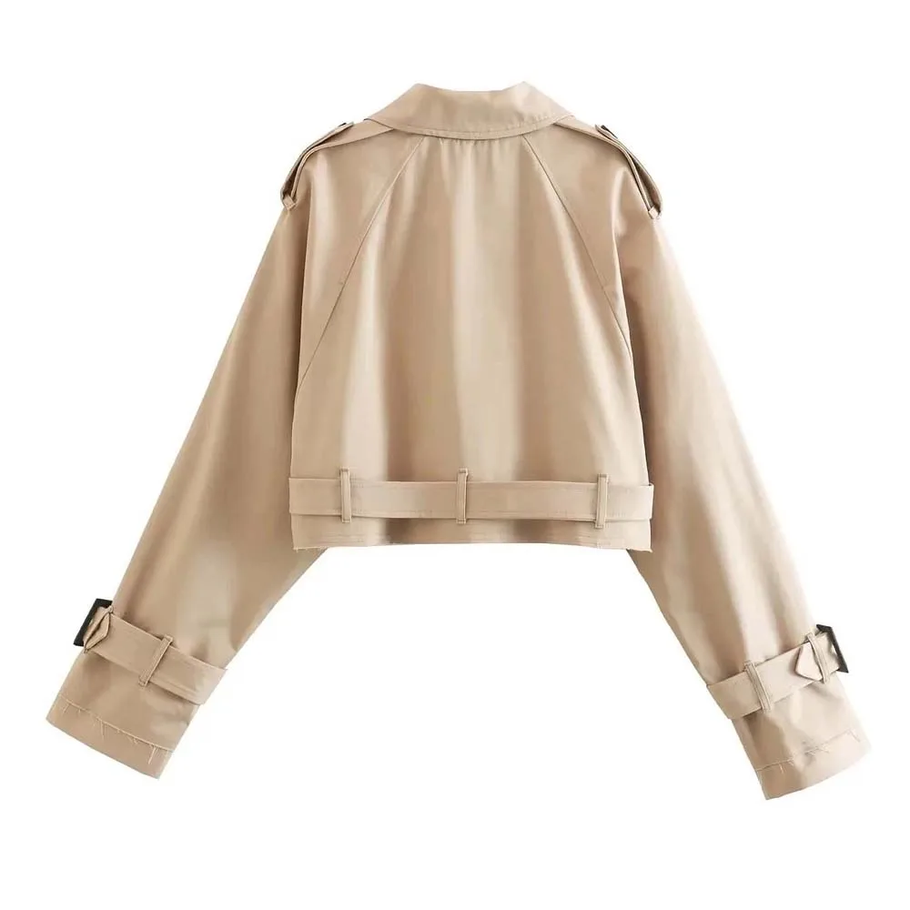 Long Sleeve Top Women Spring Jacket Belt Cropped Trench Double Breasted Female Coat Outfits Khaki Short Khaki Belt Jacket Travel