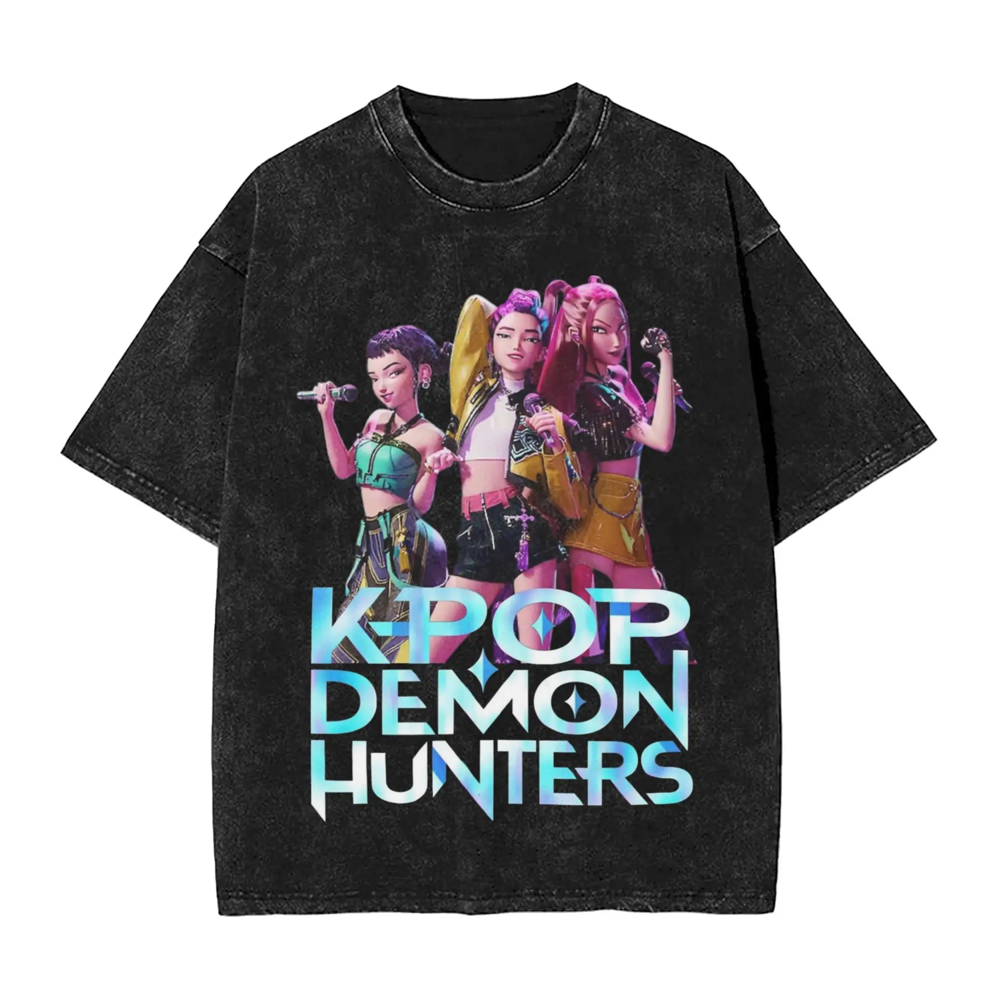 

Huntrix Washed T Shirts Streetwear Hip Hop T-Shirts Kpop Demon Hunters Tee Shirt for Men Women 100% Cotton High Street Printed