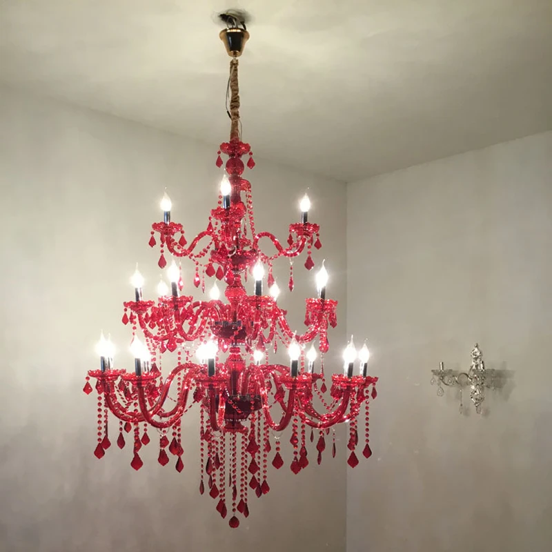 

Nordic Hotel Banquet Hall Red Crystal Chandeliers Villa Living Room Restaurant LED Pendant Lamps Atmosphere Chandelier Lighting