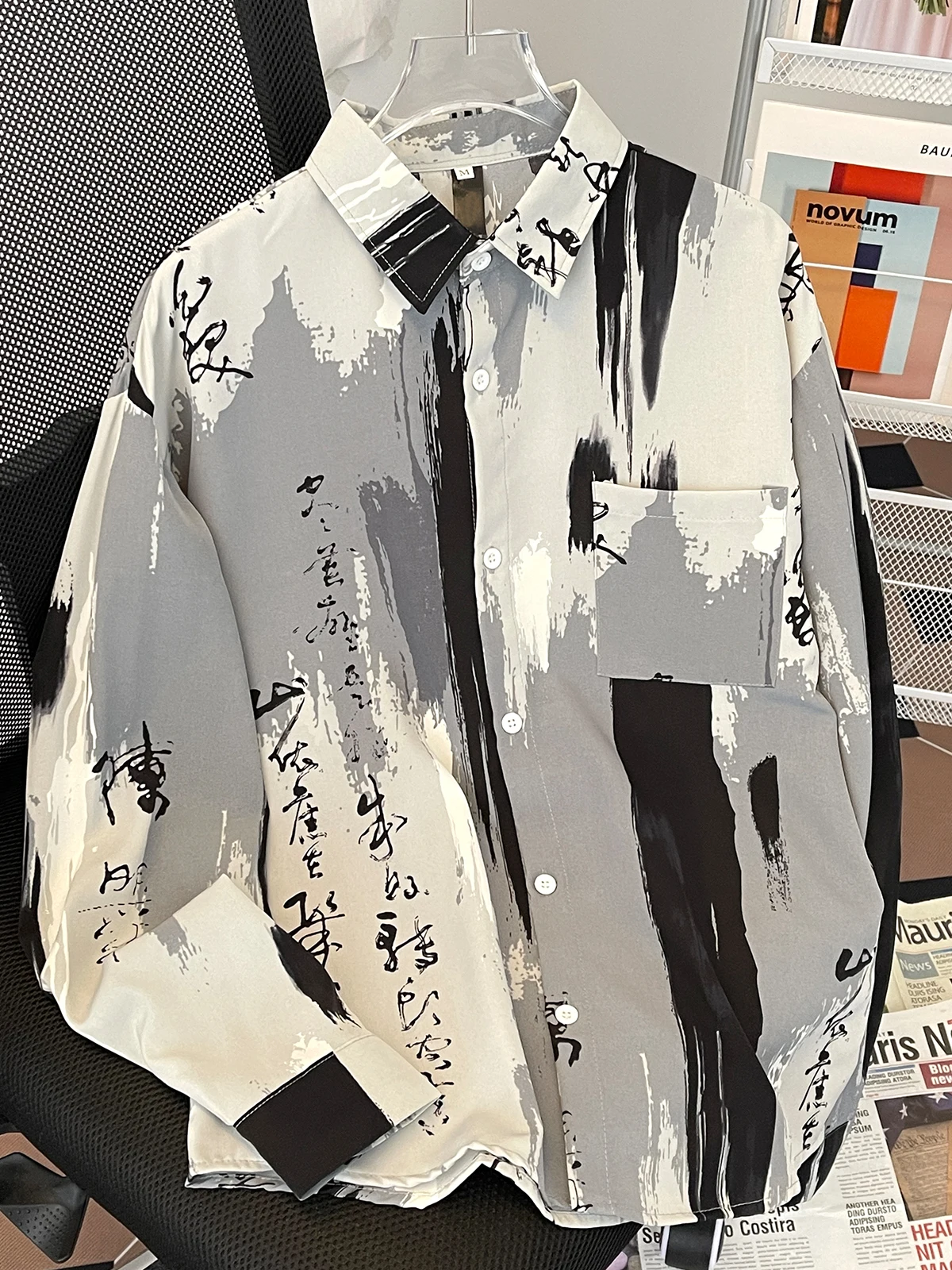 

Spring Autumn Long Sve Men's irt Casual Dyed Tie Dye Watercolor Print Loose Fit Youthful Sle arp Collar Chinese Design