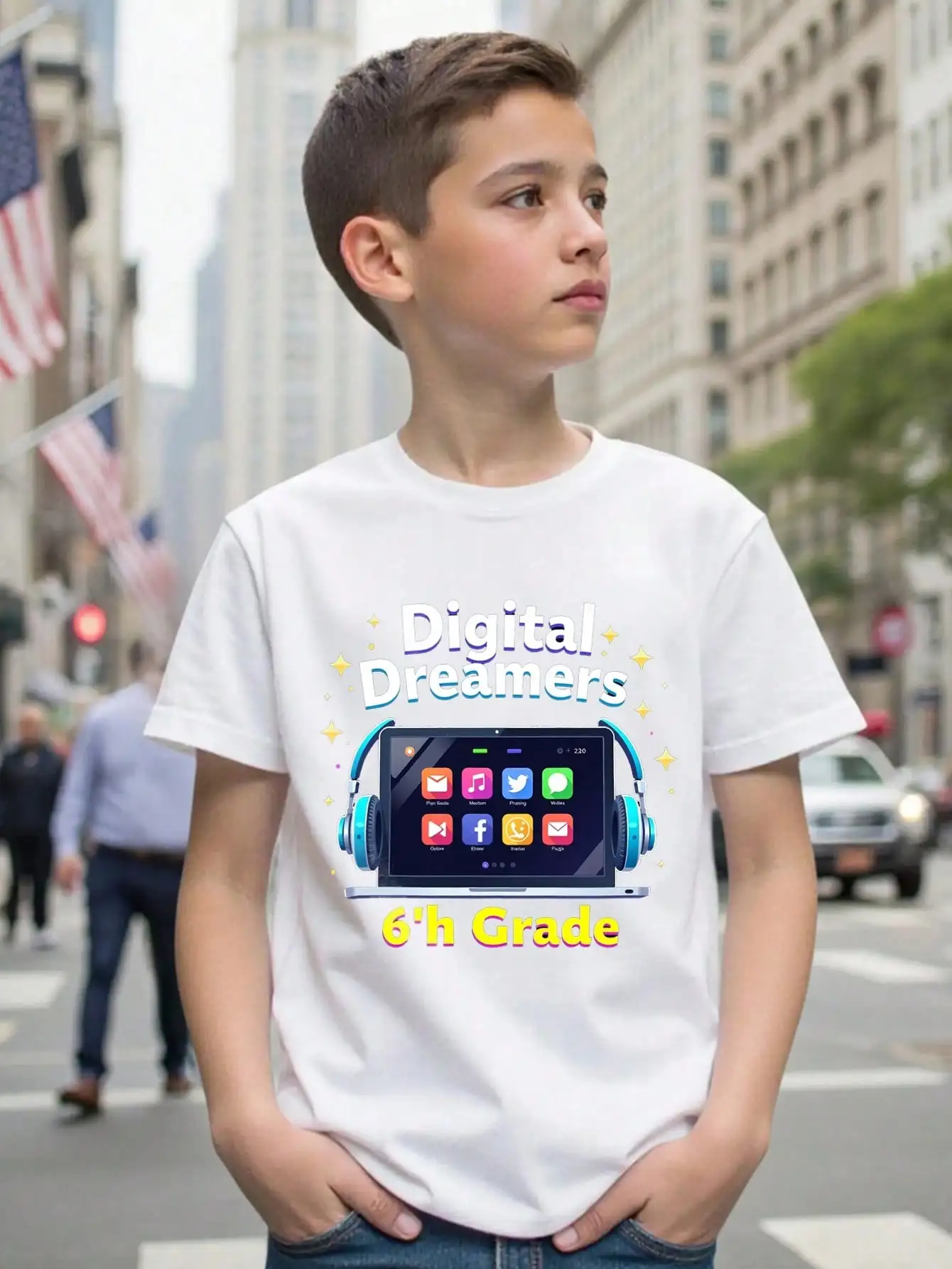 

Boys/Girls Digital Dreamers Back To School Cotton Graphic Tees, Black Casual Summer Tops With Tech Icons