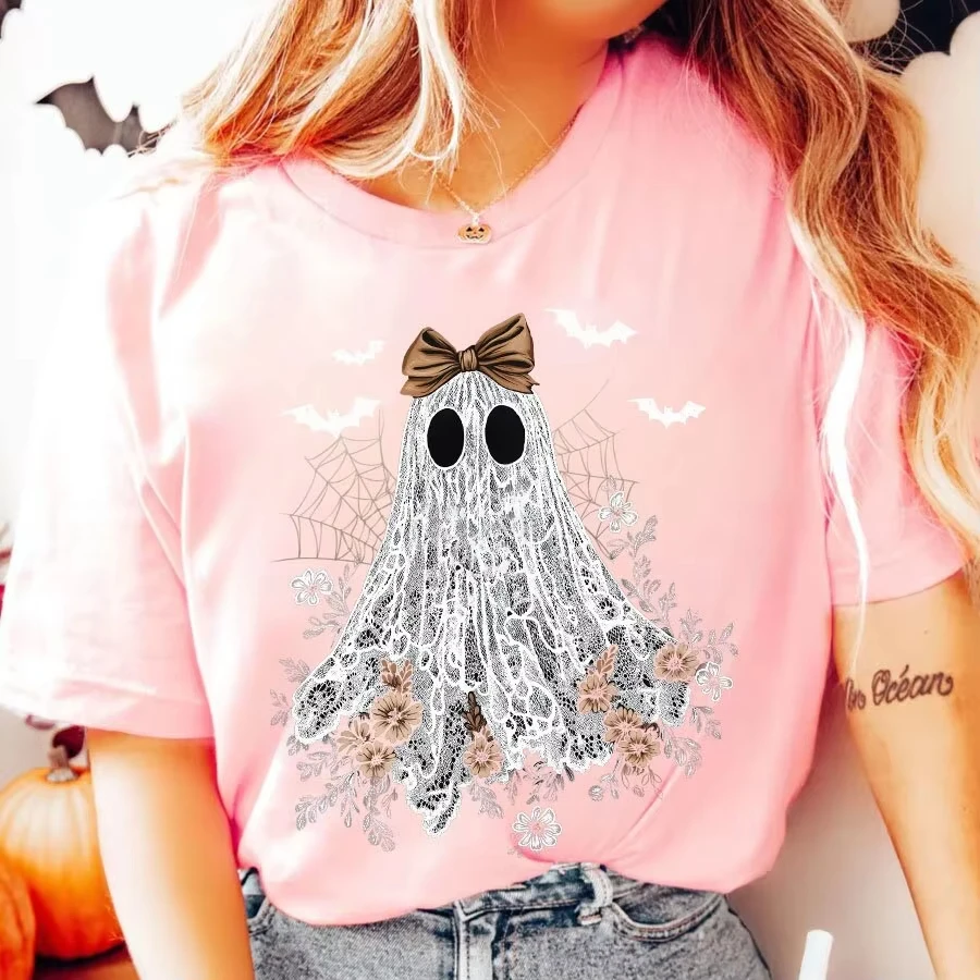 لطيف الدانتيل شبح بو DIY الكي نقل الحرارة ملصق مائي المرأة تي شيرت البلوز لصيف 2025