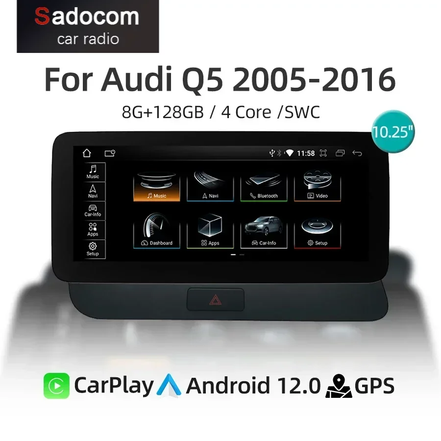 

Android 12 Car Radio Stereo Multimedia Player For Audi Q5 2009-2016 GPS Navigation 4G SIM WiFi Wireless CarPlay 1920*720 Screen