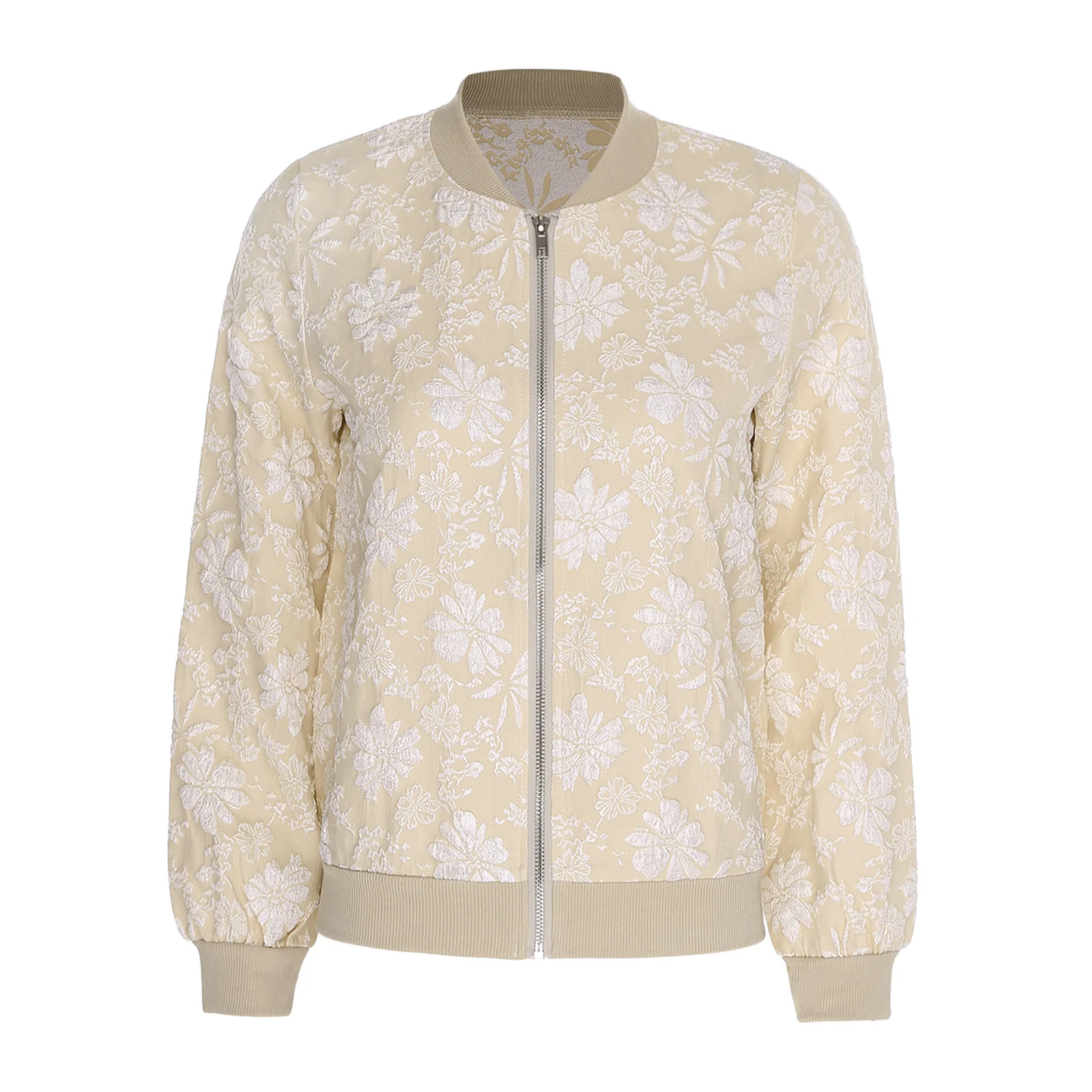 Giacca bomber da donna Cappotto jacquard squisito Streetwear Autunno Abbigliamento da strada Lady Manica lunga Cerniera frontale Cappotti Capispalla