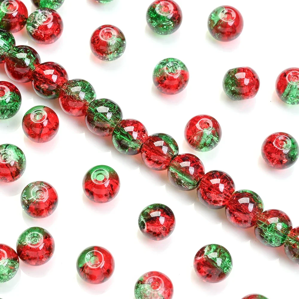 50/100pcs 8mm Christmas Crystal Glass Beads - Red & Green Gradient Crack Spacer Beads for DIY Jewelry (Bracelet/Necklace)