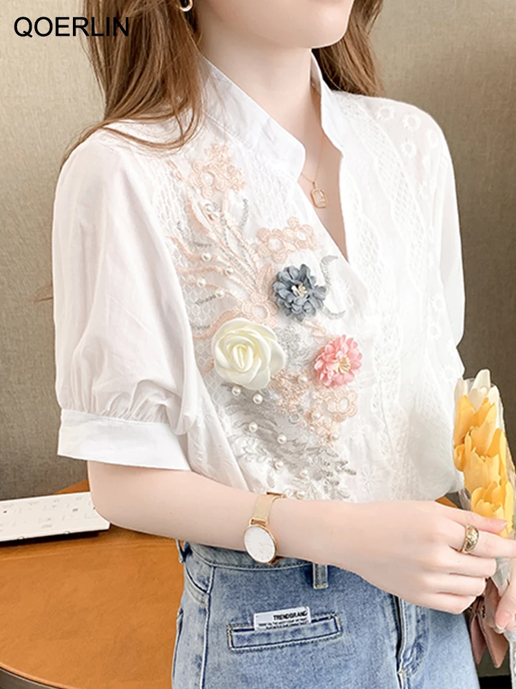 QOERLIN 3D Floral Shirts Women Vintage Embroidered Half Sleeve Loose Casual Lace White Shirts Female Hollow Out Tops Blouses