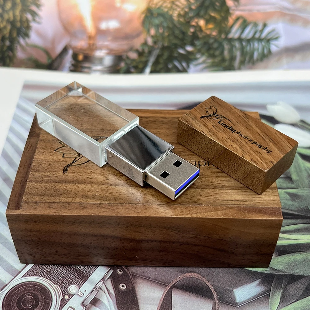 การถ่ายภาพงานแต่งงานโลโก้ที่กําหนดเองไม้คริสตัลไม้ USB 3.0 แฟลชไดรฟ์ 64GB 32GB 16GB 4GB รุ่น Memory Stick U Disk