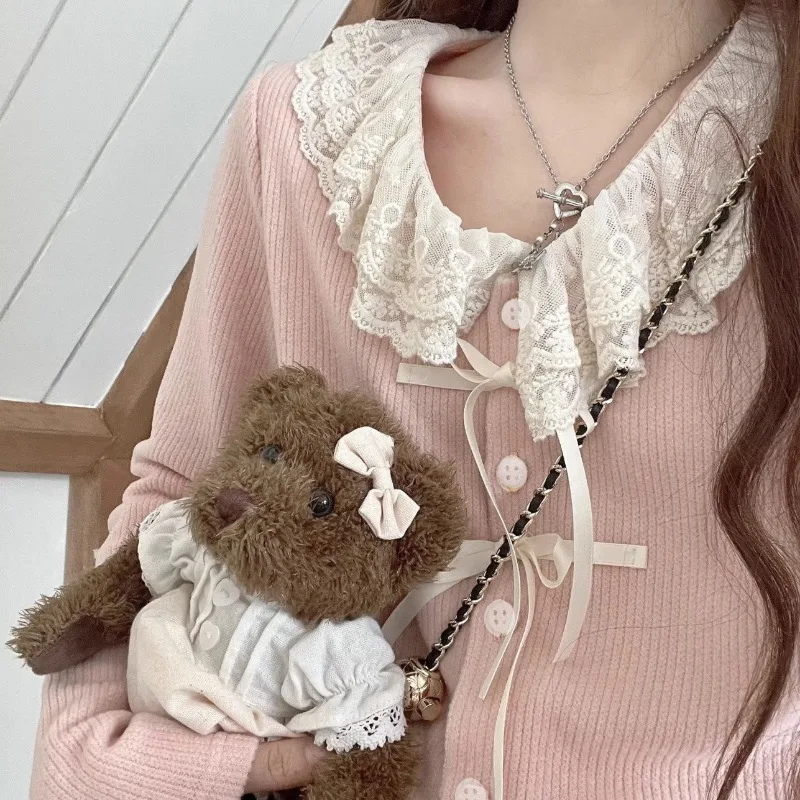 Deeptown Kawail Lace Up Knitted Cardigan Sweater Japanese Fashion Women\'s Aesthetic Knitwear Spring Cute Sweet Preppy Korean