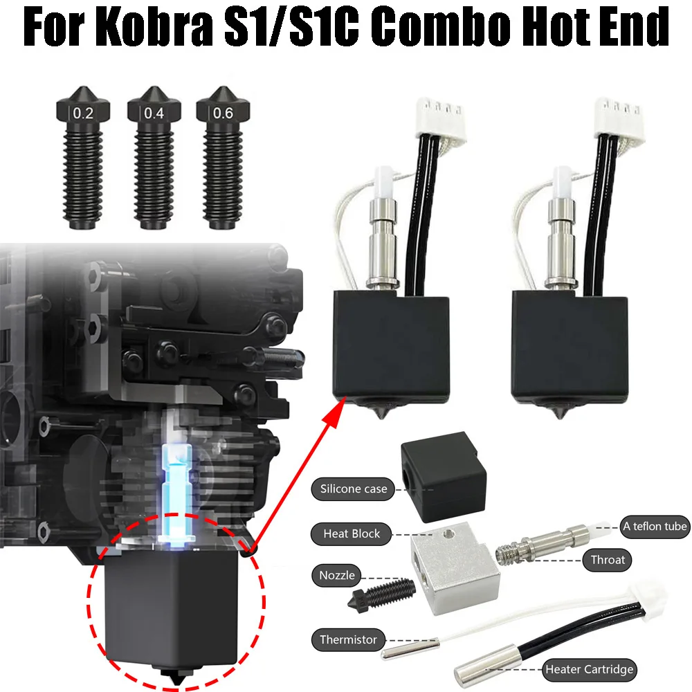 

Комбинированный комплект Hot End для Anycubic Kobra S1, 0,2/0,4/0,6 мм, высококачественное сопло из твердой стали для аксессуаров для 3d-принтеров Kobra S1/S1C