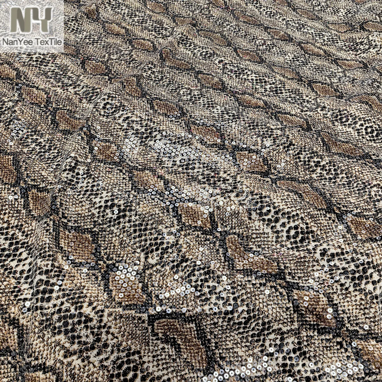 Full Cover 5MM Transparent Clear Sequins Embroidered On Polyester 4 Way Stretch Digital Printed Leopard Knitted Fabric