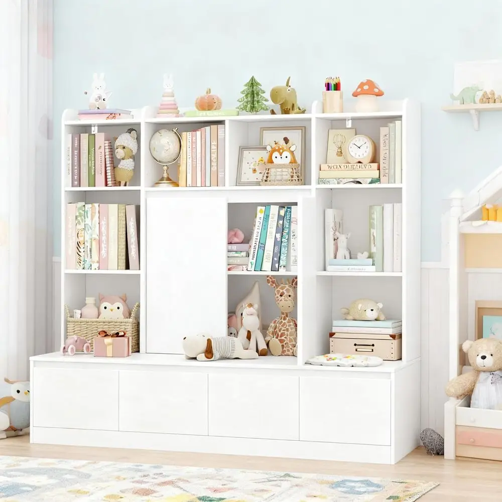 

4-in-1 Kids Bookshelf with Storage, Reading Nook, Sliding Drawers, and Toy Chest in White