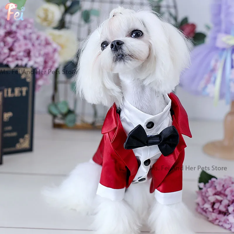 Elegant Dog Tuxedo Suit with Red Bow Tie & Tailcoat-Formal Wedding Groom Grooming Attire for Small Dogs, Lord Style Tails Outft