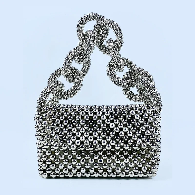 Show style light luxury high-end texture beaded solid color flip circular banquet small square bag