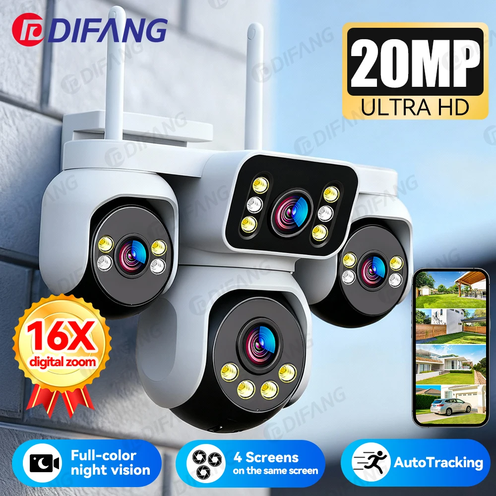 كاميرا DIFANG 20MP 4 شاشات أمنية WiFi 16X تكبير وتتبع تلقائي CCTV 10K كاميرا IP للمراقبة اللاسلكية في الهواء الطلق